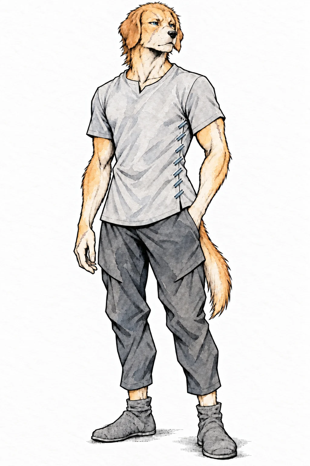 Daro in everyday clothing, with his familiar scars and blue eyes.