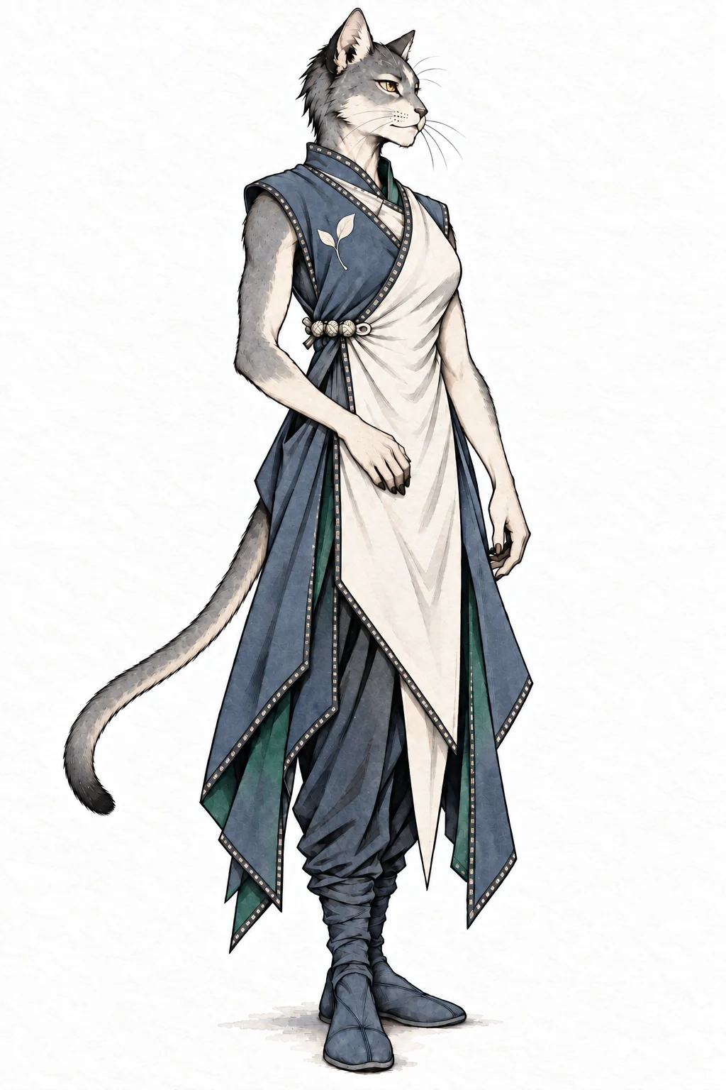 Sava’s funeral clothing: slate, pale cloth and a glimpse of green.