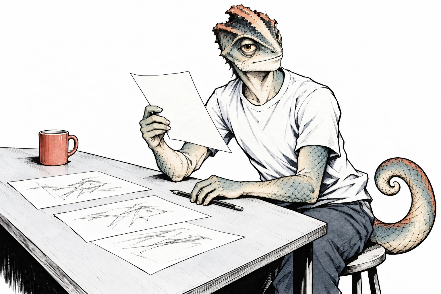 Pell in a white T-shirt looks up from reviewing drawings at a desk.